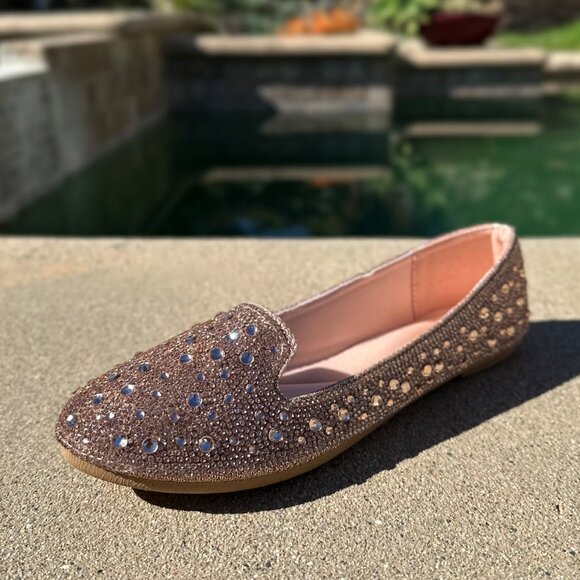 New Bling Rose Gold Rhinestone Crystal Loafers Ballet Flat Ballerina Shoes Slide - Picture 3 of 6